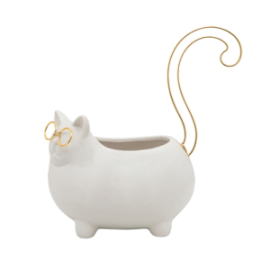 Plateau à bibelots en céramique en forme de chat avec queue dorée et lunettes, organisateur de bijoux pour la décoration de chambre, porte-bagues - Product Image 2