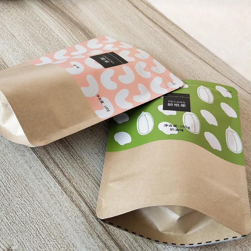Fabriek Directe Verkoop Bedrukt Voedselpakket Ambachtelijk Papier Composteerbare Biologisch Afbreekbare Zakken Notenchips Snack Stand Up Zakjes