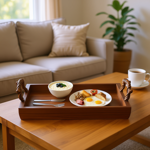 Plateau de service en bois d'acacia rustique avec poignées décoratives 18x12 pouces pour cuisine, salle à manger, petit-déjeuner, fêtes - Product Image 2