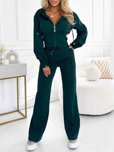 Women's Hooded Zipper Top & Solid-Color Wide-Leg Pants Sports Casual 2-Piece Set Fashion - Product Image 5