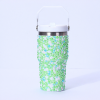 Gobelet isotherme de 40 oz en acier inoxydable 304, décoré de perles et de strass, avec poignée, pour femme, idéal pour un coffret cadeau de mariage - Vente en gros