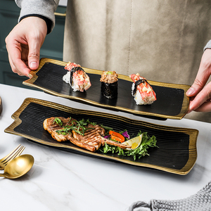 <span class=keywords><strong>Assiette</strong></span> <span class=keywords><strong>Plate</strong></span> de luxe en céramique, pièces, ustensile de cuisine en céramique noire rayée avec bordure en or - Product Image 4