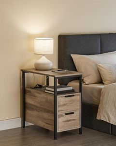 Table d'appoint étroite SENYU pour petits espaces de salon, couleur gris-beige, avec station de charge et 2 tiroirs, table de chevet mince - Product Image 3
