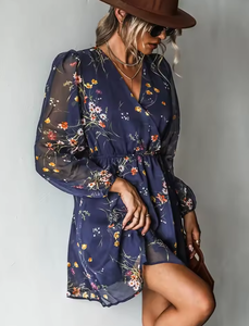Vente chaude femmes décontracté col en v élégant en mousseline de soie imprimé Floral printemps Pivot robe manches longues été robe de plage - Product Image 6
