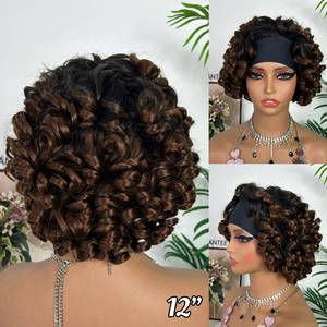 <b>Headband</b> Bouncy Wig Super Double Drawn Quality 100% Human Hair <b>Curly</b> Wig Full Density 12 Inches Short Machine Made Wig - Product Image 5