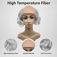 Perruque courte bouclée argentée mi-chauve, style rétro, cheveux synthétiques, idéale pour les déguisements à thème