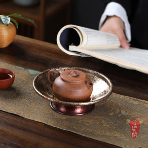 Purple Copper Wood Grain Gold Teapot Stand Handmade Hammered Round Tea Tray For Afternoon Tea - Product Image 4