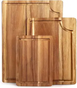 Tabla de cortar de madera de acacia grande para cocina, tabla de cortar con ranura para jugo y orificio para MANGO para carne (carnicero Bl