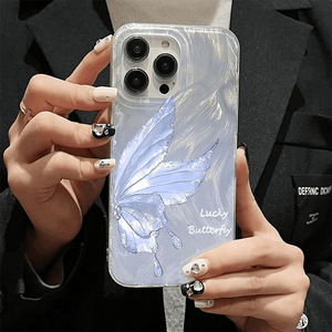 Coque de téléphone transparente antichoc en TPU avec motif papillon ailes argentées dégradées et plumes pour <span class=keywords><strong>iPhone</strong></span> 16 et 17 Pro Max - Product Image 1