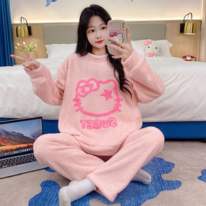 Sleepwear Sets <strong>Pyjamas</strong> <strong>Women's</strong> Winter Half-side Velvet Long-sleeved Set Korean-style Loose Large Size 110.00kg Wearing Pajamas - Product Image 1