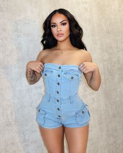 Summer New Women's <strong>Shorts</strong> Denim Jumpsuit Solid Color Sexy Women's Jean <strong>Overall</strong> <strong>Shorts</strong> - Product Image 3