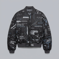 Blouson Bomber Techwear Noir Épais Style Punk avec Col Montant et Imprimé Circuit Abstrait Écologique Respirant Finition Personnalisée