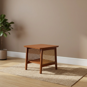 Mesa de Noche Moderna de Mediados de Siglo con Diseño de Panel de Ratán, Muebles para Dormitorio - Product Image 4
