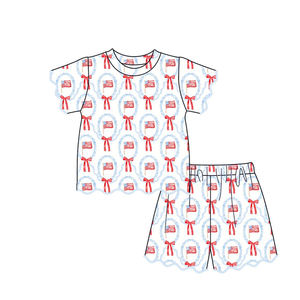 Conjunto Infantil GSSO3555 Personalizado para Niña, con Estampado de Bandera del 4 de Julio y Lazos, Manga Corta con Volantes, Venta al Por Mayor - Product Image 3