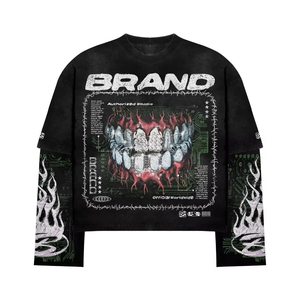 Diseño personalizado gráficos camisas de algodón de manga larga de gran tamaño <span class=keywords><strong>Cid</strong></span> Wash Boxy recortada empalme de doble capa Camiseta de manga larga - Product Image 5