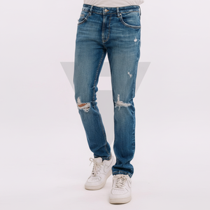 Pantalon coupe ajustée décontracté droit à imprimé vieilli pour hommes taille haute jean skinny côtelé en denim bleu avec fermeture à glissière - Product Image 1