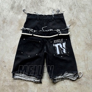 Custom Print Crystal logo Summer Wear Denim Jorts Shorts for <b>Men</b> Distress Baggy Vintage Double Waist <b>Jeans</b> Shorts - Product Image 2
