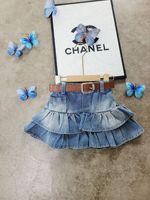 26 Nouvelles jupes en jean à manches courtes pour filles et enfants, style occidental, avec patchs en tissu, ensemble jupe mi-longue en jean