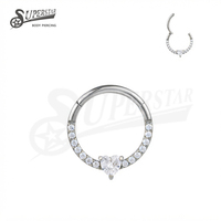 SUPERSTAR Anneau segmenté articulé en Titane ASTM F136 avec cœur central en Zircon cubique rond serti à griffes, Clicker pour piercing de septum, nez, daith, oreille