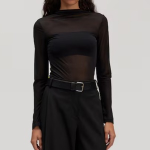 Vêtements décontractés, logo personnalisé imprimé, combinaison moulante pour femme, anti-rides, manches longues, couleur unie, dentelle transparente - Product Image 2