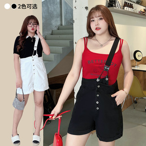 Salopette courte en jean taille haute asymétrique Runqi N8062 pour femme, grandes tailles, noire et blanche, boutonnée, style tendance - Product Image 4