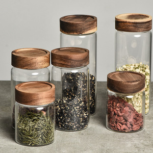 Vente en gros de 6 pièces, ensemble de bocaux en verre pour le stockage des aliments, vente directe d'usine, récipient en verre <span class=keywords><strong>vide</strong></span> en borosilicate de haute qualité, couvercle en bois - Product Image 5
