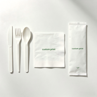Ensemble de couverts jetables personnalisés en PLA compostable et écologique avec serviette, cuillère et fourchette biodégradables en plastique blanc