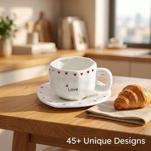 Taza de Cerámica Pintada a Mano de 300 ml, Juego de Tazas de Café de Cerámica, Taza Irregular con Plato para Regalo - Product Image 3