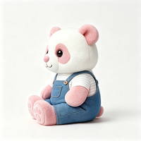 Peluche Panda Blanc Adorable avec Oreilles Roses, Jolie Poupée Panda Rembourrée Portant une Chemise et un Salopette en Jean Bleu, Peluche Panda Douce