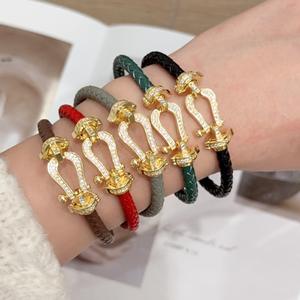 Bracelet en Cordon Rouge et Cuir Fred avec Nœud de <span class=keywords><strong>sabot</strong></span> de cheval, Micro-serti de Diamants en Or-Cuivre 18K, Bracelet de Couple pour Hommes et Femmes - Product Image 1