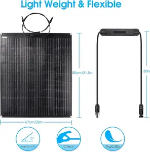 Paneles solares completamente negros flexibles 100 vatios Tamaño personalizado ETFE 12V 120W 150W 200W Panel solar semi flexible