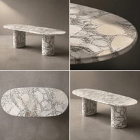Table à manger ovale moderne en marbre blanc éléphant naturel, finition brillante, double piétement, pour maison, hôtel, villa, personnalisable