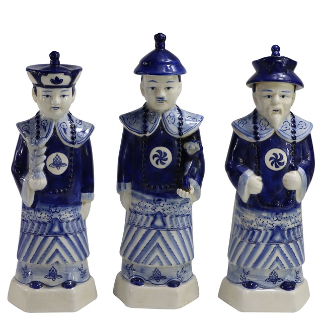 SYNWISH Blue and White Chinese Porcelain Standing Qing Dynasty Emperor Statue Figurine Home Decor Gift Table Accessory