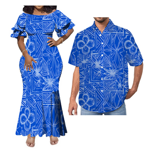 Vente en gros directe robe hawaïenne en queue de poisson à col style tropical pour hommes tenue de couple de grande taille tissu en mousseline de soie lavable - Product Image 6