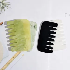 Manufacturer Bulk Natural Stone Comb Head Scalp Massager Spa Custom Salon Hair Comb With Logo Green White Xiuyan Milk Jade Comb