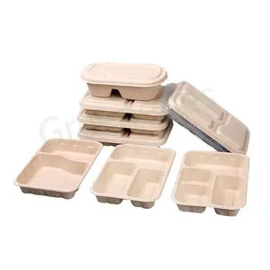 Contenedor de caña de azúcar desechable, bandeja de comida con cubierta, platos de bagazo cuadrados, 3/4/5 compartimentos