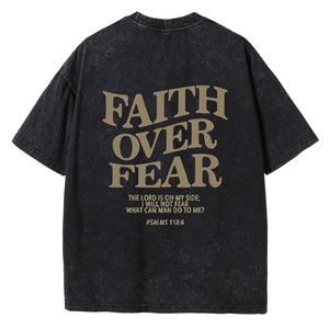 Herens oversized acid-wash 'Faith Over Fear' Psalm graphic retro streetwear <span class=keywords><strong>T</strong></span>-shirt met korte mouwen, 100% katoenen breisel - Product Image 2