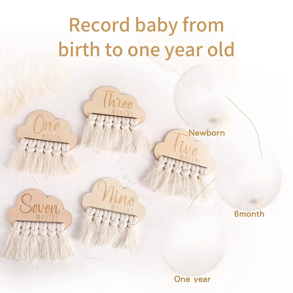 Double Sided Wooden Monthly Milestone Marker Discs Cloud Baby Monthly Milestone Cards Tassel Milestone Photo Props for Baby Gift