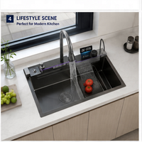 Évier de cuisine simple en acier inoxydable 304 avec robinet cascade, affichage LED, nano anti-rayures, noir, à poser sur comptoir