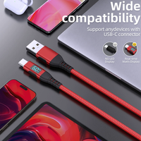 Kabel isi daya ponsel USB-C 60W, kabel pengisian daya cepat, panjang nilon kepang dengan tampilan Digital LED, jaket PVC tipe PD untuk ponsel 1m 2m 3m
