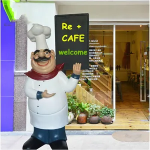 Statue <span class=keywords><strong>de</strong></span> chef en résine et fibre <span class=keywords><strong>de</strong></span> verre, figurine décorative <span class=keywords><strong>de</strong></span> chef gras en position <span class=keywords><strong>de</strong></span> cuisinier, personnalisable avec inscription 'Bienvenue Chef' pour restaurant - Product Image 1