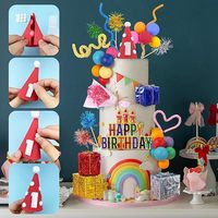 34-teiliges Buntes Geburtstagstorten-Deko-Set mit Happy Birthday Kerzen, Luftballons, Geschenkboxen, Partyhüten, Pompons und Kuchendekoration