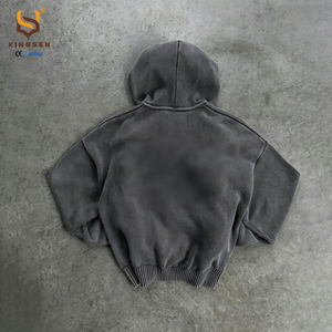 Custom logo Thick Knitted Hoodie Sweater Heavyweight Vintage Wash <b>Zip</b> <b>up</b> Embroidery Knit Hoodie <b>Jacket</b> - Product Image 3