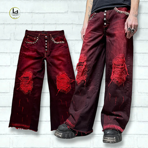 Jeans amples délavés vintage avec logo de marque personnalisé, <span class=keywords><strong>pantalon</strong></span> en denim pour <span class=keywords><strong>homme</strong></span>, rivets, effet usé, bordeaux, coupe <span class=keywords><strong>baggy</strong></span> - Product Image 1