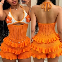 Combinaison et combishort tendance pour femmes, vêtements d'été, boutique, col halter, tricoté, sans manches, fleurs 3D, une pièce, pour femmes