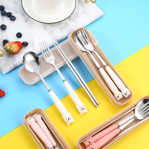 Stainless Steel Cutlery <b>Set</b> With Ceramic Handles Chopsticks <b>Spoon</b> <b>Fork</b> Portable Travel Student Kit Rectangular Storage Box - Product Image 2