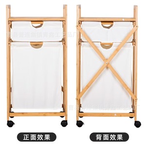 Bamboo Wood 3 Tier Laundry <b>Cart</b> With Wheels For Bedroom Bathroom <b>Storage</b> Canvas Organizer - Product Image 4