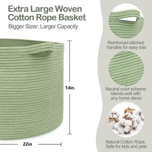 Extra <b>Large</b> Green <b>Basket</b> 22" X 22" X 14" Woven Cotton Rope <b>Baskets</b> for Blankets Nursery Laundry <b>Basket</b> Cute Kids Toy <b>Storage</b> Bin - Product Image 2