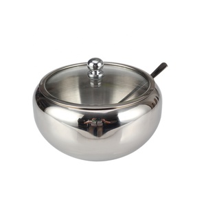304 Stainless Steel Sugar <b>Container</b> with Clear <b>Glass</b> <b>Lid</b> and Spoon - Product Image 1
