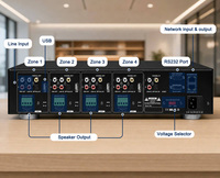 Penguat Audio 8 saluran multizona profesional, penguat Audio 8 saluran dengan 4 zona wi-fi Digital kontrol Volume Mixer untuk alamat umum tipe BT